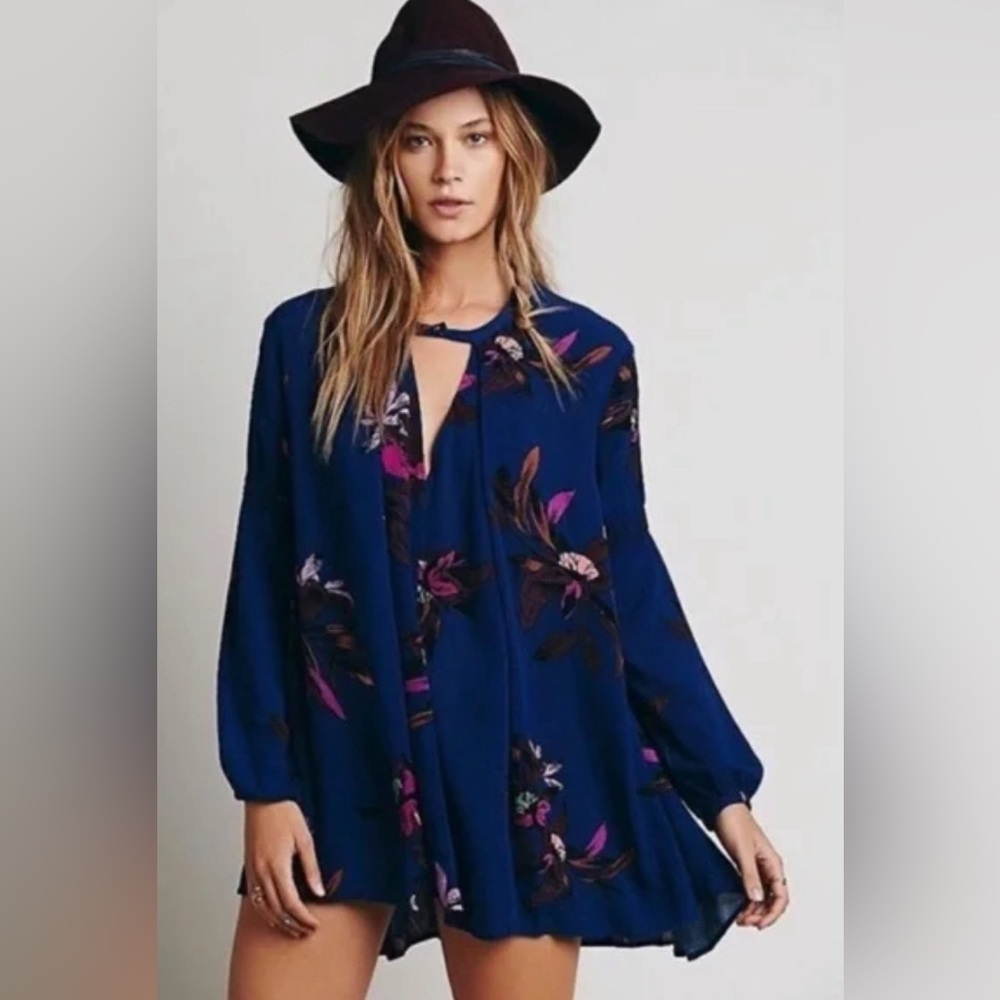 Free People Tree Swing Tunic Mini Dress Boho Long Sleeve Azure Blue Combo